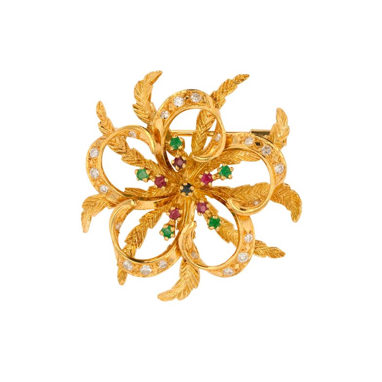 Broche vintage diamants, saphirs ,émeraudes et rubis or jaune 10.54g Comme neuf -  reconditionné disponible sur Gemme Les Bijoux
